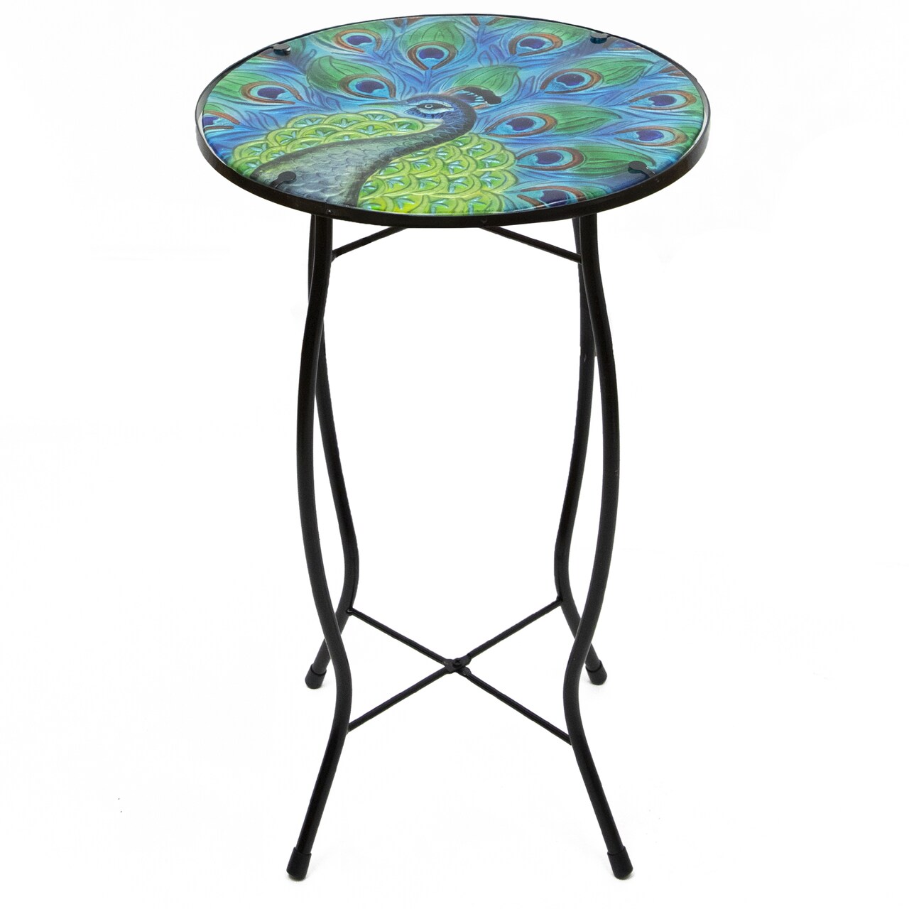 Northlight 19&#x22; Blue and Green Peacock Glass Patio Side Table